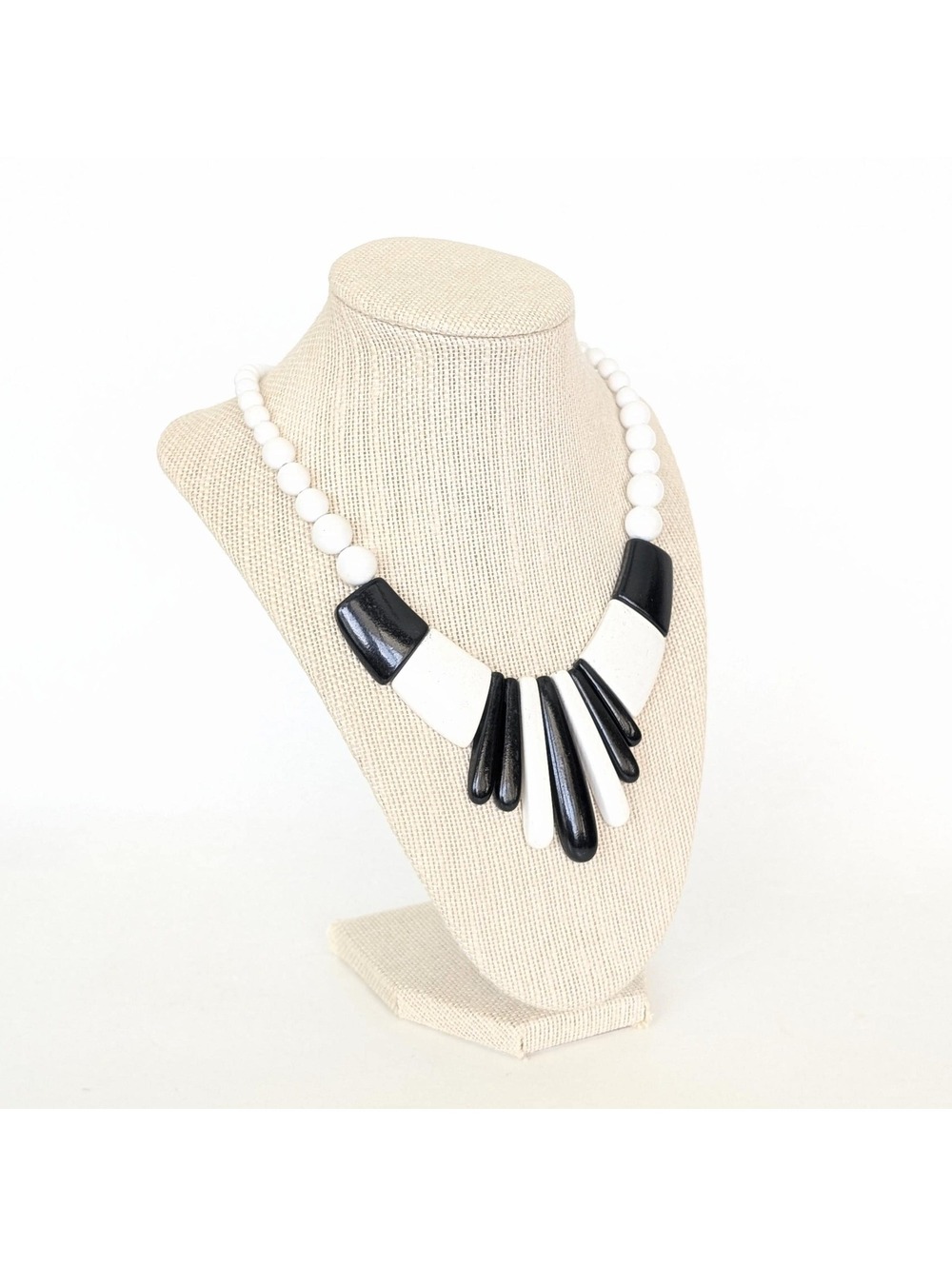 1980s Vintage Statement Necklace with Black & White Wood Beads